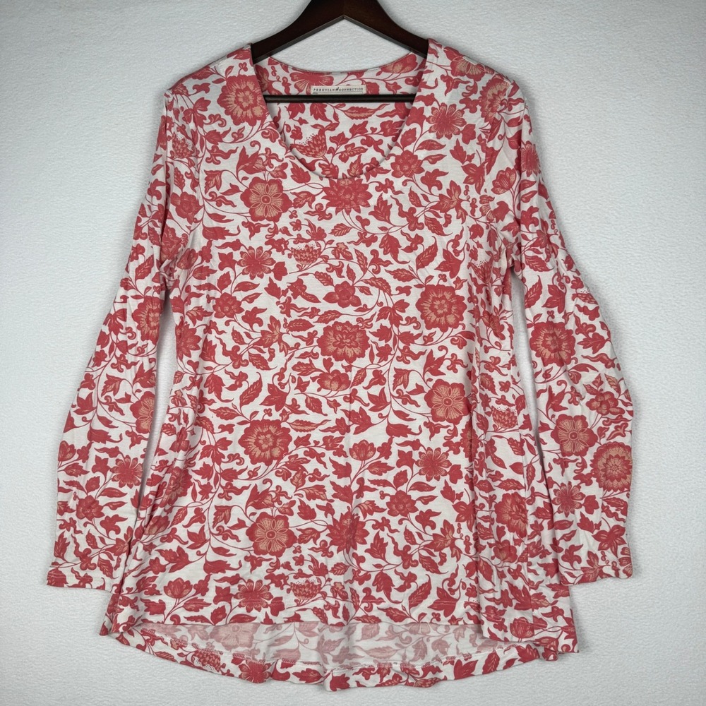 Peruvian Connection Top Women Large Red White Floral Pima Cotton l Long Sleeve